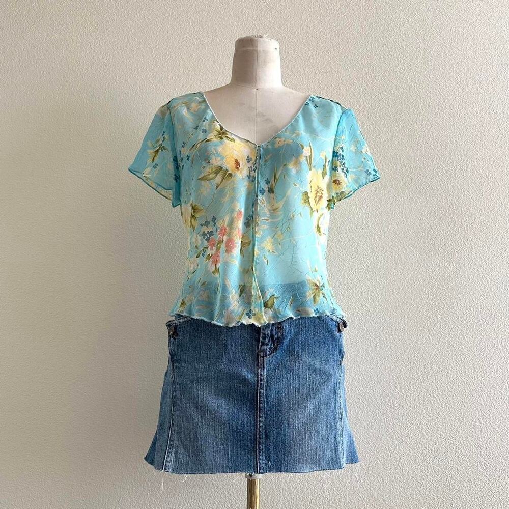 handmade blue yellow floral print textured sheer blouse